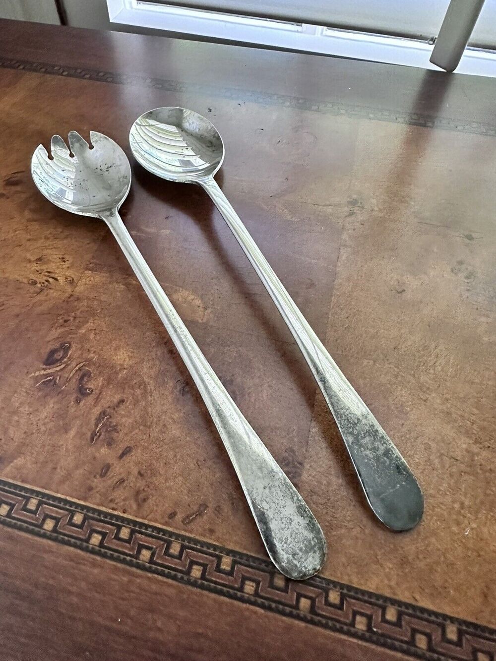 Vintage Sheffield England Silver Plate Serving Salad Set Spoon & Spork 9.5"